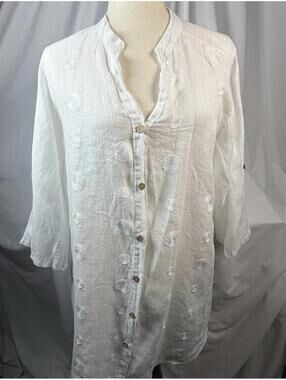 Made In Italy White Linen Raised Circle Embroidered Tunic Top Size Large
